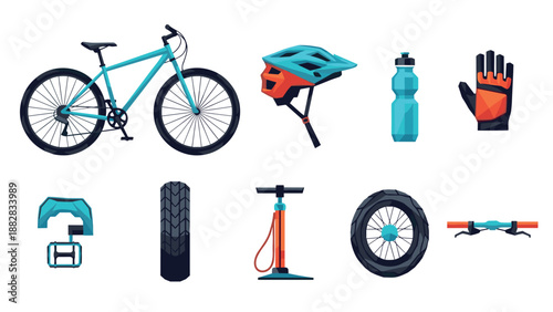 Cycling gear set: blue bicycle, helmet, water bottle, gloves, and accessories in flat design