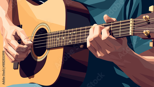 Geometric art of hands playing an acoustic guitar