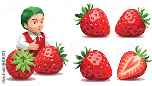 Low poly strawberry variety with geometric character in red outfit