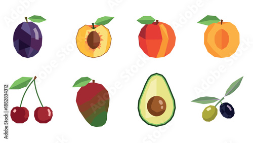 Geometric fruit icons set with low poly style featuring peach, plum, cherry, avocado, and mango