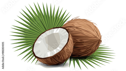 Geometric coconut with palm leaves on white background