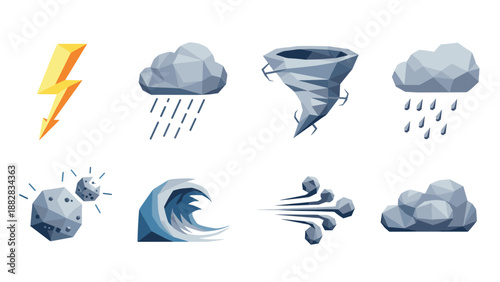 Low poly weather icons: clouds, tornado, lightning, and more