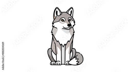An endearing cartoon depiction of a grey wolf sitting calmly, showcasing its striking yellow eyes and soft grey-white fur, suitable for various