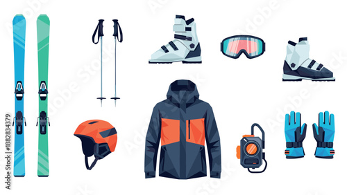 Ski equipment set with modern gear featuring winter sports essentials