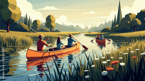 Flat style canoeing adventure in nature with vibrant colors and serene landscape scenery