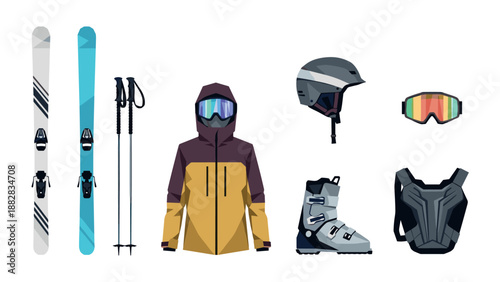 Essential winter sports gear for skiing enthusiasts in modern flat design