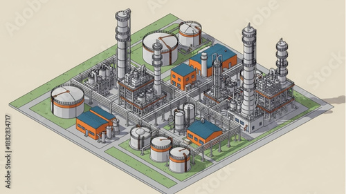 Industrial Oil Refinery Plant Complex Aerial View Illustration.