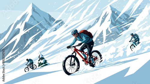 Mountain biking adventure in snowy alpine landscape with cyclists