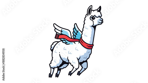 Whimsical flying llama illustration soaring with light blue wings and a red scarf A delightful cartoon character embodying fantasy and gentle charm