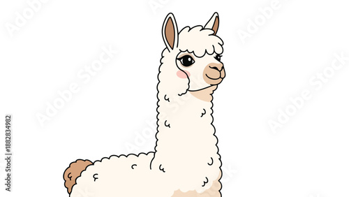 Charming white fluffy cartoon llama illustration with a sweet expression and gentle eyes