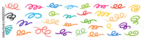 Colorful doodle swirl vector elements, abstract hand-drawn scribble lines, decorative curves and loops, organic design shapes and ornamental pattern elements on transparent background