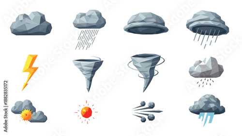 Geometric low poly weather icons set: clouds, tornadoes, sun, and rain