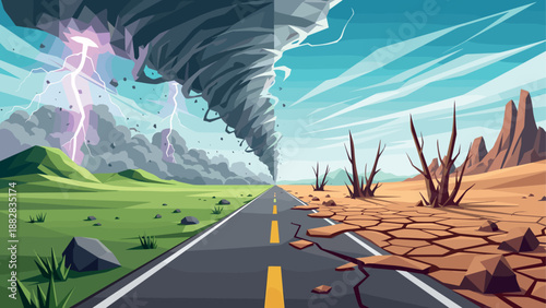 Contrasting natural disasters: tornado and drought landscape in vibrant cartoon style