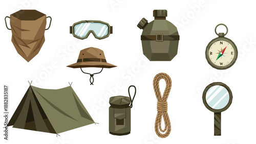 Camping gear collection: diverse outdoor tools and accessories in modern flat design