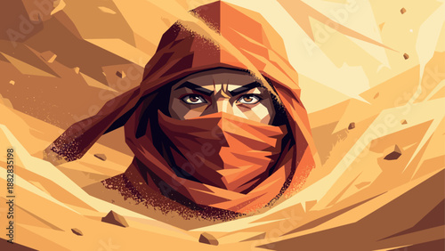 Mysterious desert nomad in abstract polygonal sandstorm