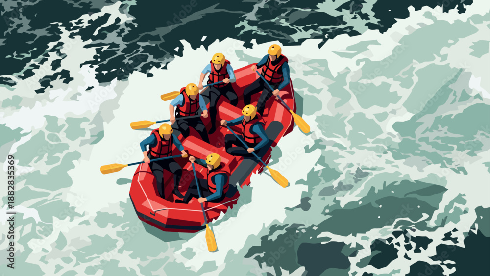 Obraz premium Adventure seekers whitewater rafting team in rapids