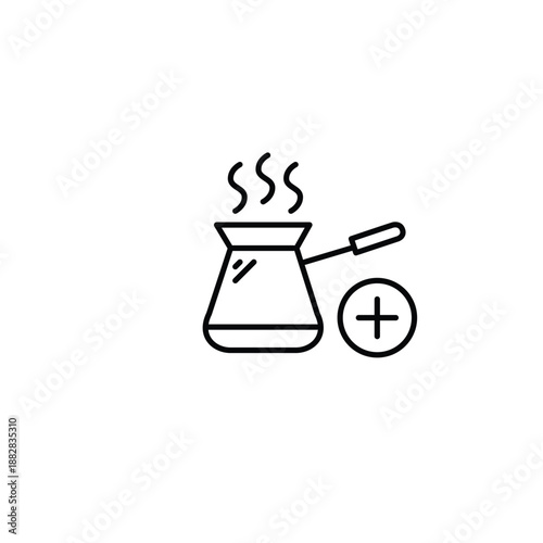 Add drinks do menu. Caffeine boost. Cezve for making coffee and plus symbol. Pixel perfect, editable stroke vector icon