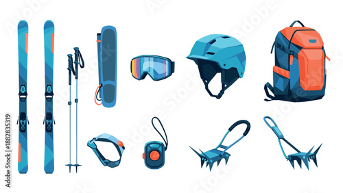 Ski equipment set with helmet, goggles, backpack and climbing gear in modern flat design