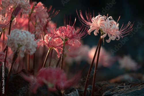 Close-up of a group of lycoris blooms catching early morning light, fine spider-like shadows falling on dry soil