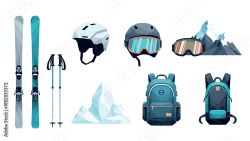 Winter sports equipment set: skis, poles, helmet, goggles, backpack, mountain landscape