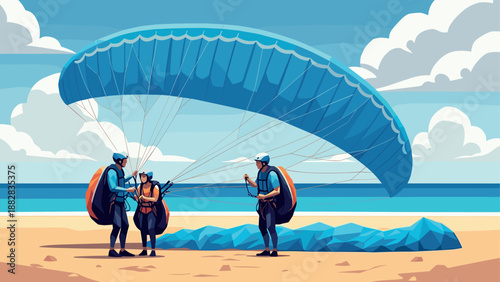 Paragliders preparing on beach: adventure sports in flat cartoon style