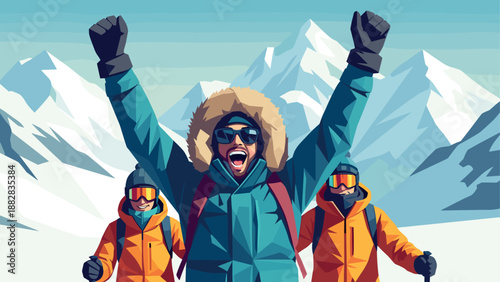 Adventurous winter celebration with snowy mountain climbers in vibrant gear landscape