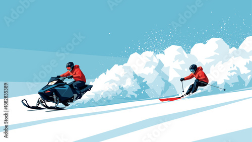Snow adventure scene with snowmobile and skier in dynamic flat design