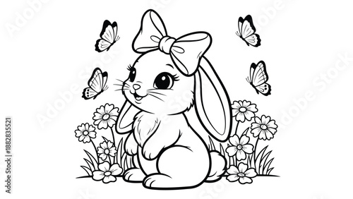 a cute bunny with a bow and long ears surrounded by flowers and fluttering butterflies in a monochrome
