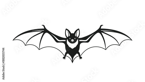A sleek monochrome vector illustration of a bat in symmetrical flight. Its expansive wings form a dynamic silhouette, ideal for nature and Halloween