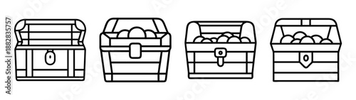 Treasure chests line art icon set, open and full variations