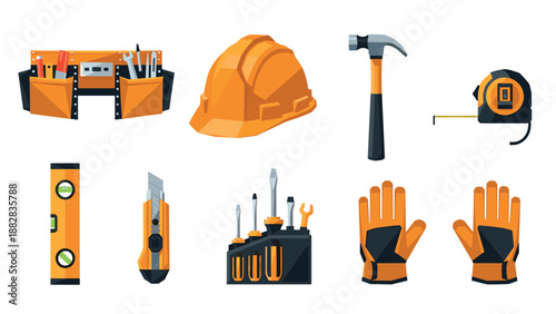 Construction tools and equipment set in modern geometric style for builders and diy enthusiasts