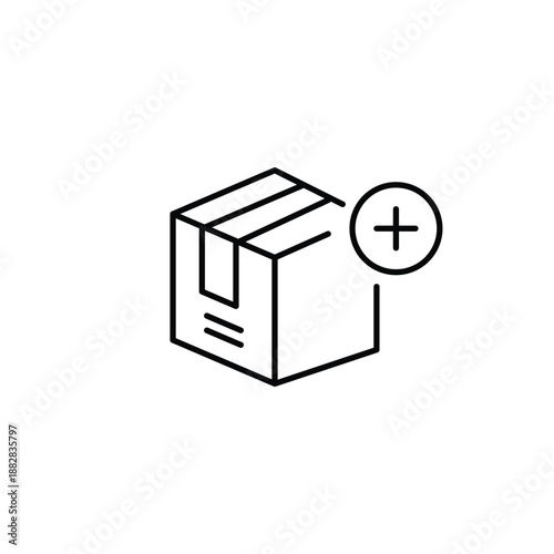 Delivery box and plus symbol. Package list update. Pixel perfect, editable stroke vector icon