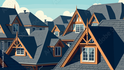 Charming suburban roofs with dormer windows in flat style on a sunny day
