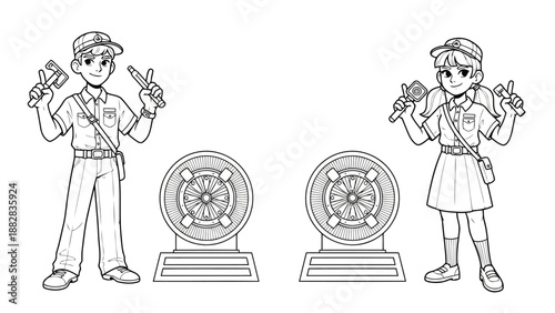 a black and white drawing depicts two cartoon characters in uniform with propellers and various tools nearby