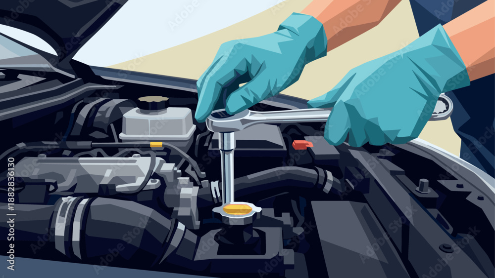 Fototapeta premium Mechanic in gloves using wrench on engine in detailed flat design illustration