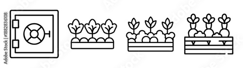 Financial security and agricultural growth vector line icons set.