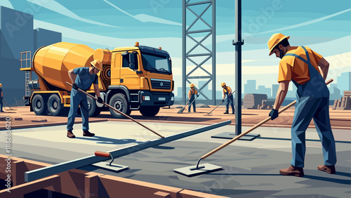 Construction workers in action at a dynamic urban building site