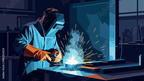 Skilled welder at work in metallic workshop with sparks flying