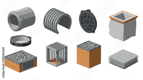 Isometric construction materials set featuring concrete pipes and drain grates