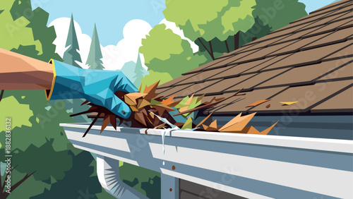 Hand clearing leaves from gutter of house in nature scene