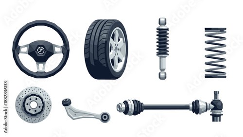Realistic car parts collection: tires, steering wheel, and suspension system elements