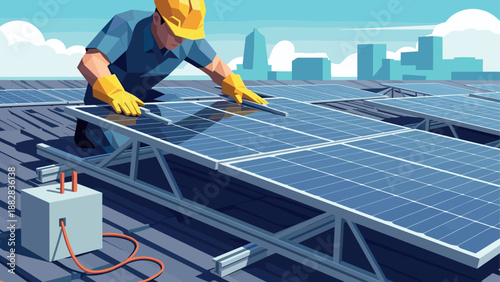 Technician installing solar panels on rooftop in urban environment