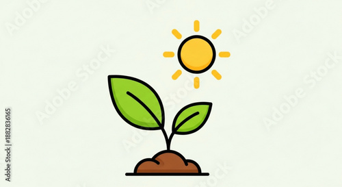 A young green plant grows from brown soil under a bright yellow sun with rays on a light green background symbolizing growth and nature