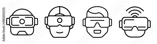 Virtual reality, augmented reality, metaverse tech line icons