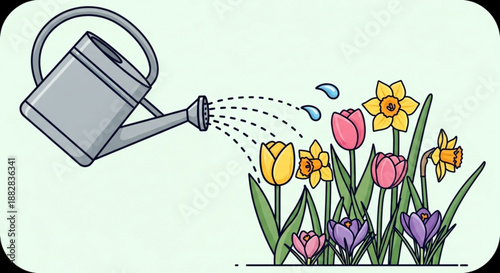 Colorful flowers being watered with a gray watering can on a light green background with vibrant tulips and daffodils