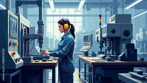 Woman operating machinery in modern industrial workshop setting