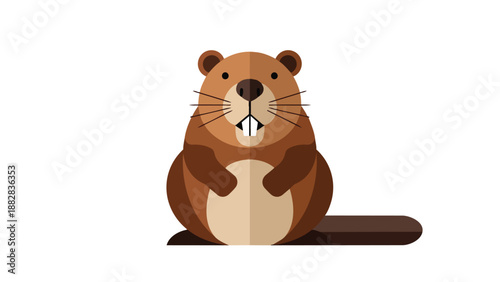 A charming minimalist vector illustration featuring a friendly brown beaver character with prominent incisors and a broad tail sitting upright a
