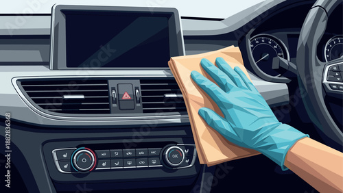 Car interior cleaning: gloved hand wiping dashboard for hygiene