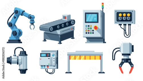 Futuristic industrial equipment set: flat robotic machines and conveyor systems