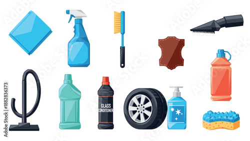 Car cleaning essentials collection with tools and products in flat design